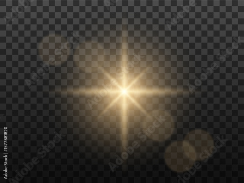 Light effect. Light yellow star, soft sunny sparkle, dust, line, solar flare, spark and stars, spotlight. Bright rays of light. Abstract golden lights. Vector illustration on transparent background