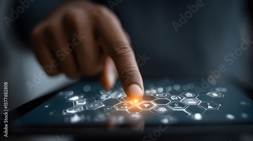 African American Man using Tablet with Innovative Hexagonal Icons