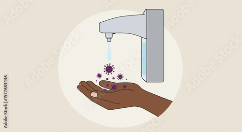 A hand is pressing a sanitizer pump to kill the virus, promoting hygiene and health