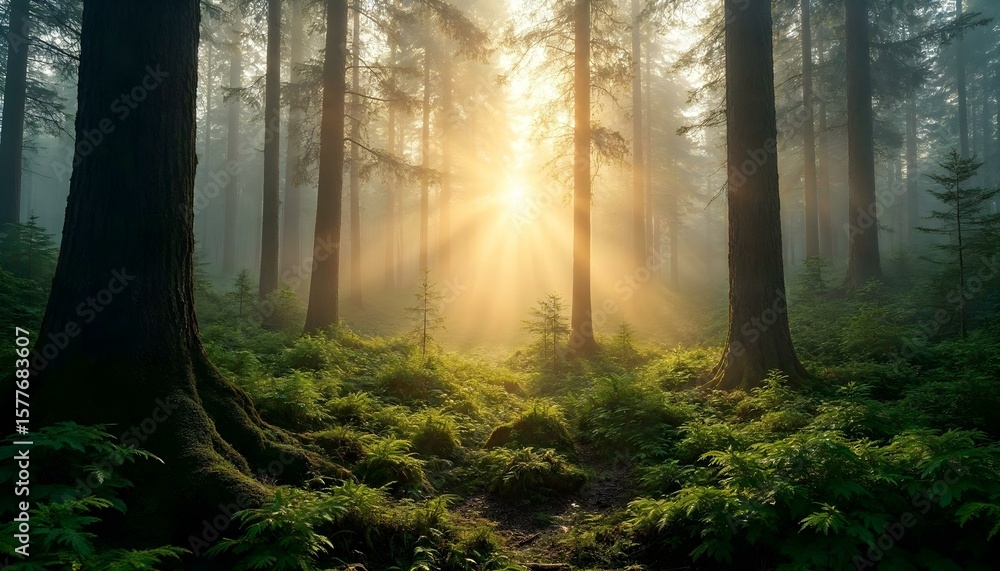 Naklejka premium HD photography of a dense pine forest covered in early morning mist, golden sunlight streaming through tall trees, highlighting lush green moss and ferns on the forest floor. Dewdrops on leaves, soft 