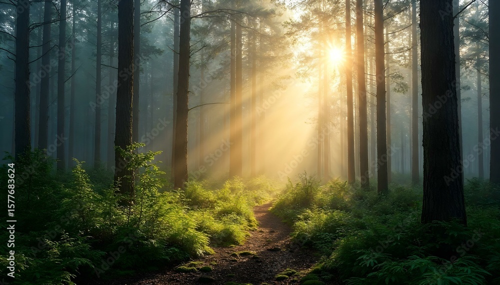 Fototapeta premium HD photography of a dense pine forest covered in early morning mist, golden sunlight streaming through tall trees, highlighting lush green moss and ferns on the forest floor. Dewdrops on leaves, soft 