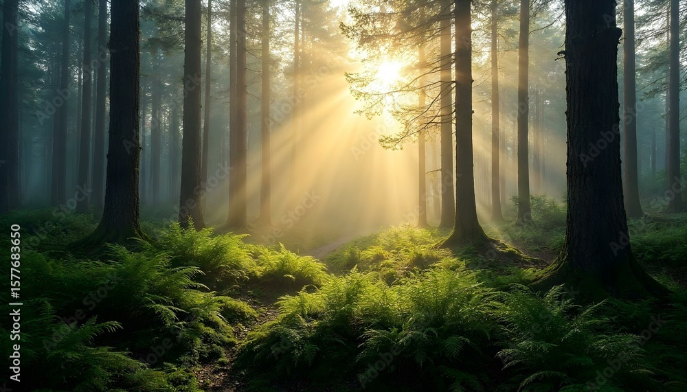 Obraz premium HD photography of a dense pine forest covered in early morning mist, golden sunlight streaming through tall trees, highlighting lush green moss and ferns on the forest floor. Dewdrops on leaves, soft 
