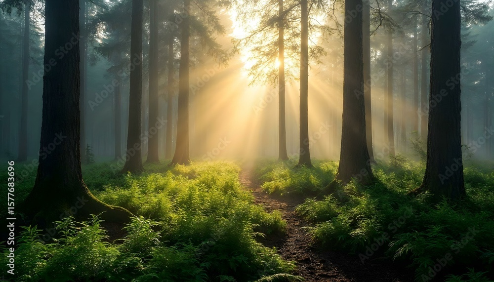 Fototapeta premium HD photography of a dense pine forest covered in early morning mist, golden sunlight streaming through tall trees, highlighting lush green moss and ferns on the forest floor. Dewdrops on leaves, soft 