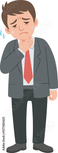A worried businessman in a grey suit touches his throat, appearing unwell or stressed.