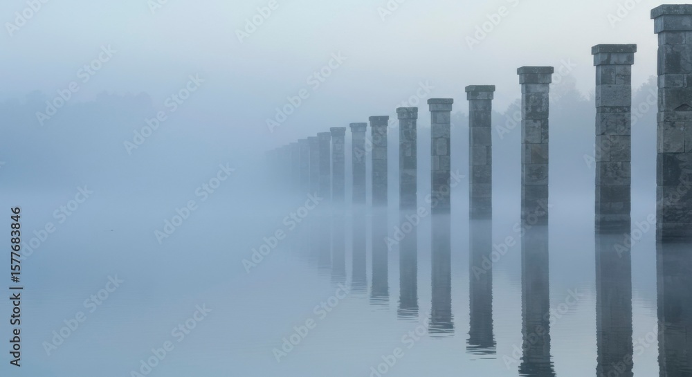 Fototapeta premium Serene misty morning scene with a row of stone pillars reflected in still water, creating a tranquil and symmetrical view