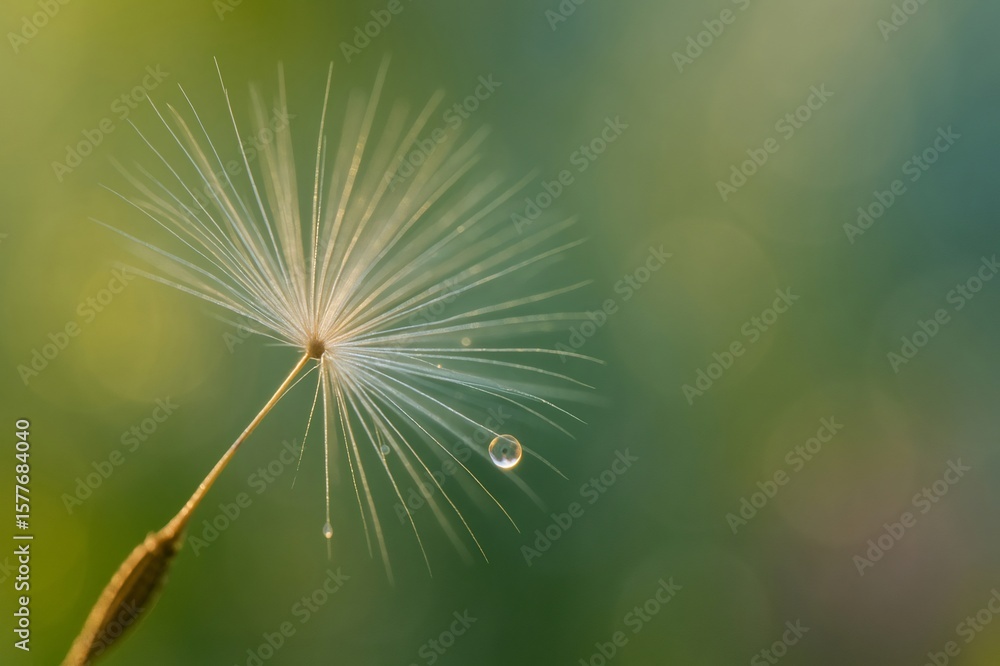 Naklejka premium Dandelion seed holding a drop of water with blurred green background