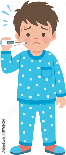 A boy in pajamas takes his temperature with a thermometer, looking worried.
