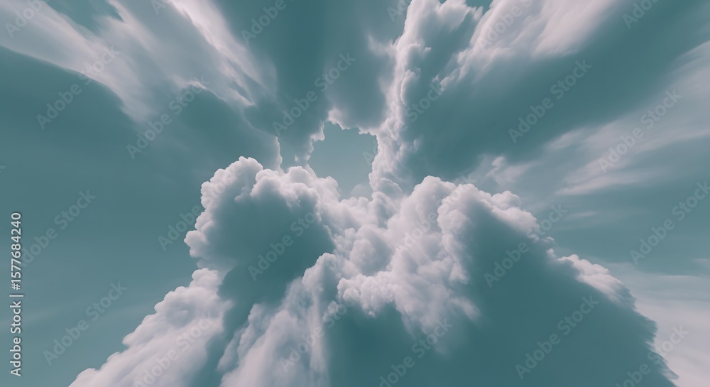 Naklejka premium A view looking up through a gap in the clouds with a teal sky visible in the center of the opening