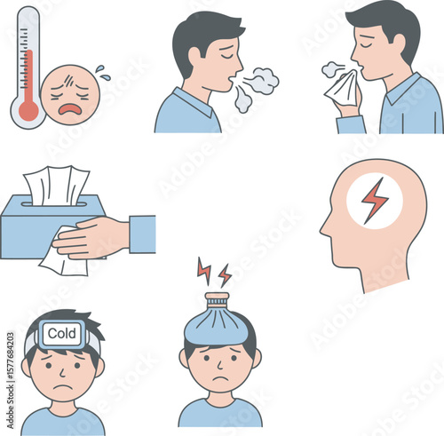 Illustration depicting flu symptoms including fever, cough, runny nose, headache, and use of tissues and cold compress.