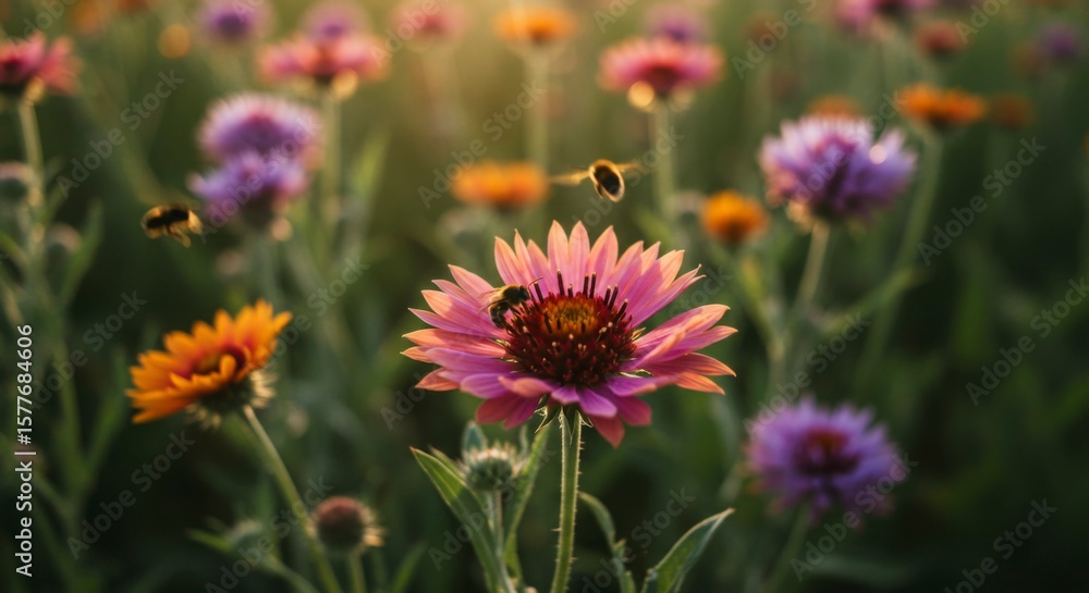 Fototapeta premium Bees on flowers at sunset