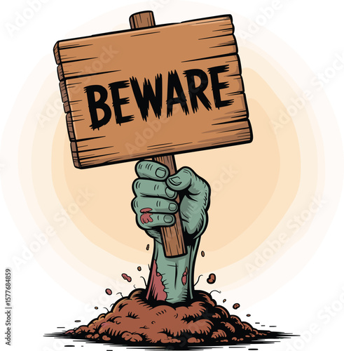 Creepy zombie arm rising from ground holding wooden 'BEWARE' sign, undead Halloween horror warning vector illustration design