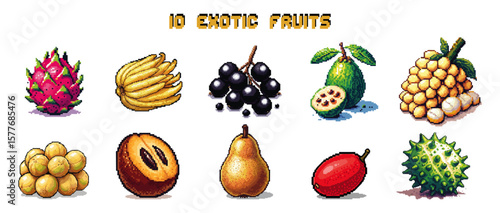 A colorful illustration showcasing ten different exotic fruits, each with unique shapes and textures in pixel art style.