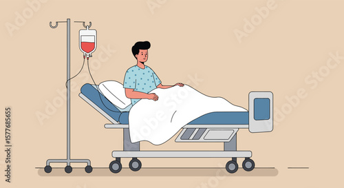 A man is lying in a hospital bed with an iv drip attached, receiving medical treatment and care