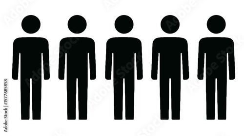 Group of five human silhouettes standing in a row on white background  