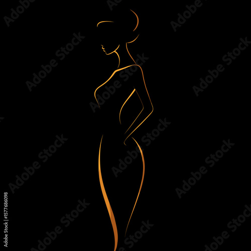 Elegant silhouette of a woman with flowing lines on a black background  