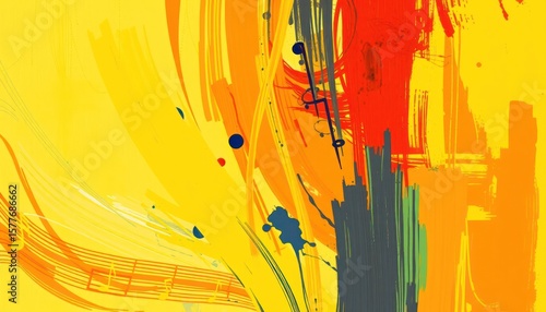 Abstract Colorful Painting with Brushstrokes and Splashes of Paint in Yellow