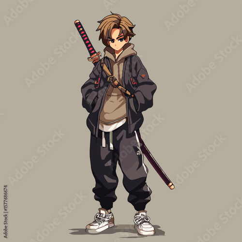 Young anime character standing with a sword in casual streetwear  