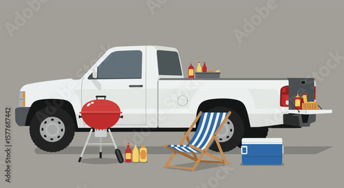 A white pickup truck is parked with its tailgate down, hosting a barbecue setup with grills, a cooler, and a striped beach chair, suggesting a fun and relaxed outdoor gathering