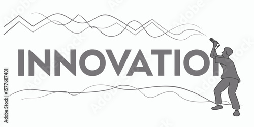 Illustration depicting the word innovation with a man using a flashlight to illuminate it