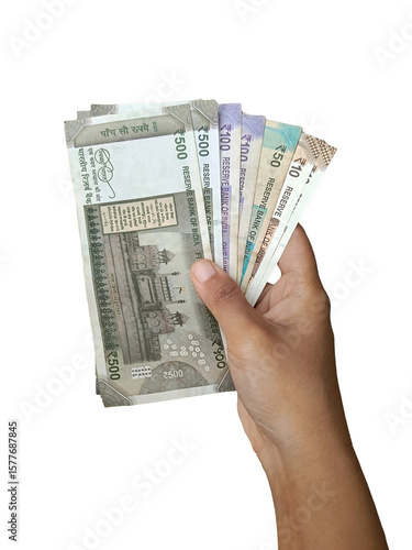 Принти на полотні Hand holding Indian currency notes of ₹10, ₹50, ₹100, and ₹500