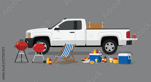 A white pickup truck is parked with its tailgate down, hosting a barbecue setup with grills, a cooler, and a striped beach chair, suggesting a fun and relaxed outdoor gathering