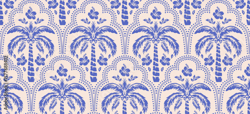 Hand drawn palm tree damask seamless pattern. Blue hawaiian print, summer holiday background in vintage style. Tropical plant painting. Design for fabric, textile, wallpaper and decoration.