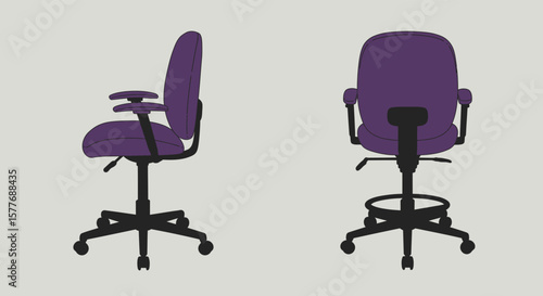 A purple adjustable office chair with armrests is displayed from the front, side, and back, showcasing its ergonomic design and comfortable support