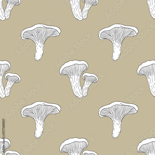 Seamless pattern with hand drawn Chanterelle mushrooms on a beige  surface. Background for printing, fabric, textile, wallpaper.