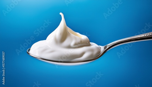 spoon featuring yogurt against a blue backdrop creates a vibrant and fresh visual highlighting the deliciousness of yogurt in a striking spoon composition