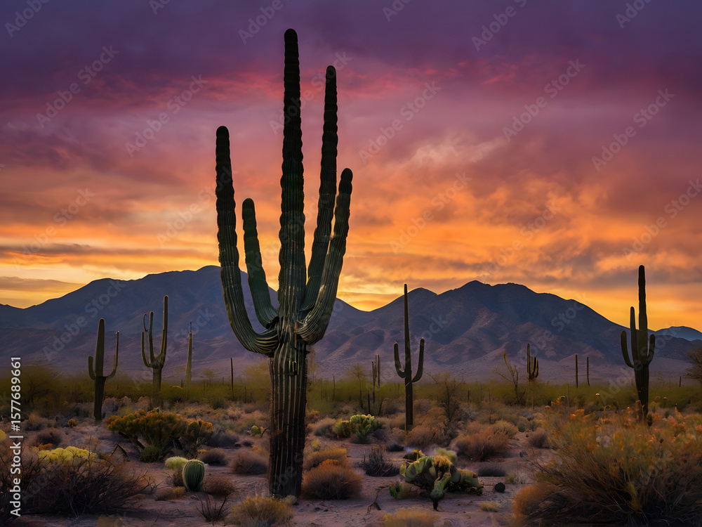 Cactus Silhouettes at Sunset in Desert Landscape Cactus Silhouettes at Sunset in Desert Landscape