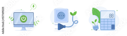 Vector illustration set for energy efficiency and conservation, featuring a monitor with a power button, a plug and socket, and a calculator with a lightbulb.
