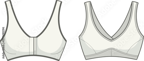 Seamless women's bras illustration, front closure and V-neck styles, lingerie design, comfortable support, modern fashion sketch, apparel concept