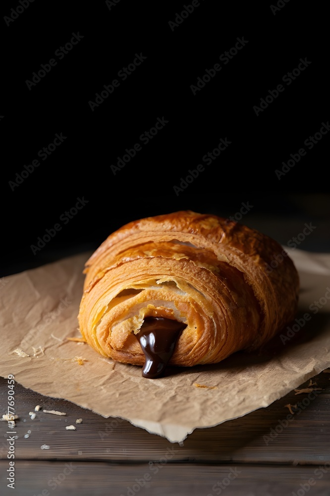 Fototapeta premium Rustic Chocolate Croissant with Melted Filling - Dark Food Illustration Style