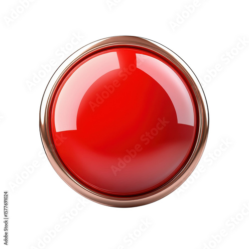 Red button glossy shiny metal frame 3D render vibrant style isolated round on transparent background