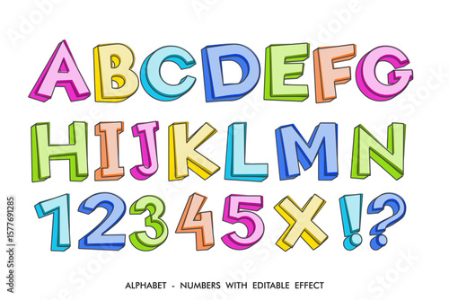 Editable cartoon themed alphabet and numbers. abc and 123 with colorful fonts