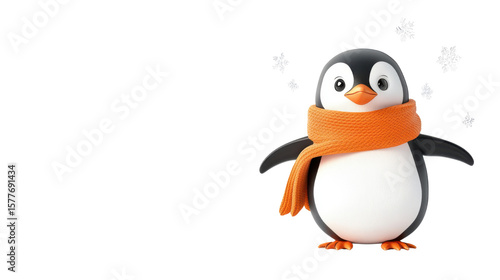 Penguin standing on the snow in winter landscape on white background