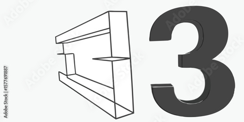 Outline structure with shelf supports adjacent to a large three dimensional number three figure