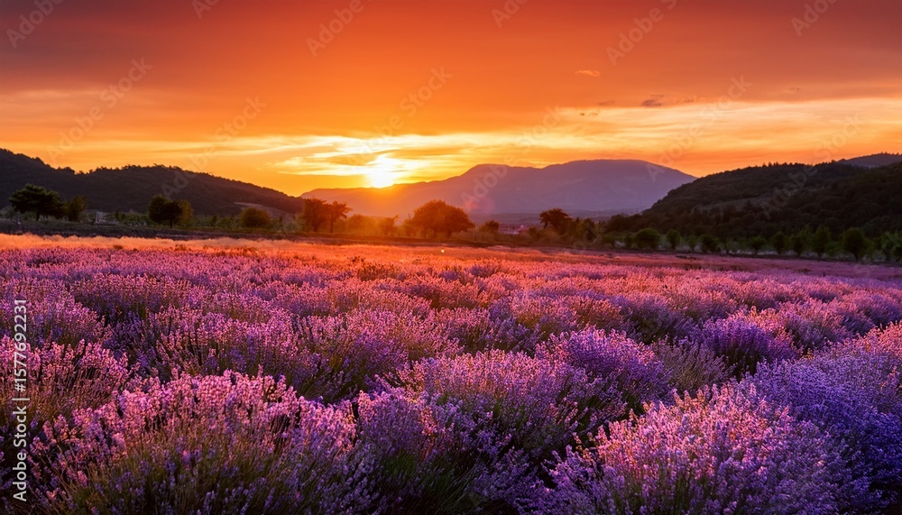 Naklejka premium lavender field under a fiery orange sunset with the glow reflecting on the flowers and adding warmth to the scene