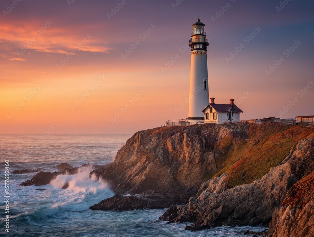 Naklejka premium Coastal lighthouse stands tall against a colorful sunset, waves crashing on rocks below