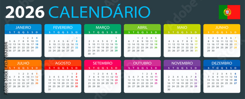 2026 Calendar - vector illustration, Portuguese version