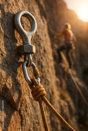 Rock climbing anchor bolt with rope and climber ascending in the background during sunset