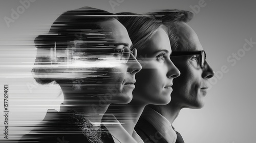 Monochrome Portrait of Business Professionals with Digital Data Overlay.