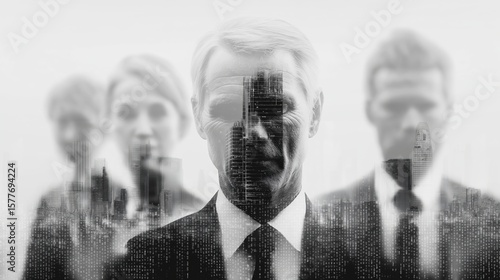 Monochrome Portrait of Business Professionals with Digital Data Overlay.