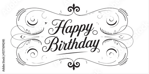 Happy birthday text in decorative frame with swirls and flourishes on a white background design