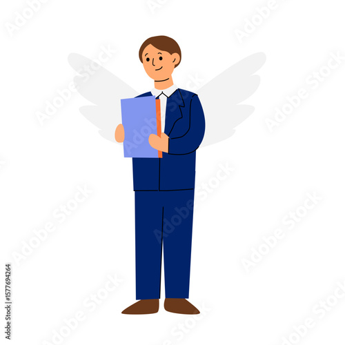 Isolated male angel investor with folder of document, symbolizing financial support, funding, startup investment, and business opportunity. Concept of venture capital, guidance, and strategic backing.