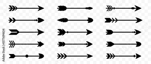 Set of black arrow icons with tribal and vintage styles. Collection includes different arrowheads and tails for decoration, direction, or design