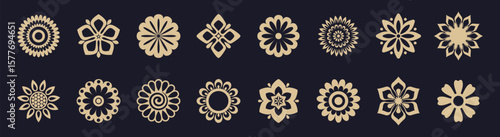 Mandala style flower icon set with ornamental geometric floral designs. Great for logo elements, prints, or spiritual symbols