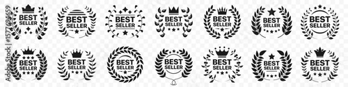 Best seller badge and award wreath collection. Black and white labels with laurel crowns and stars. Vector illustration