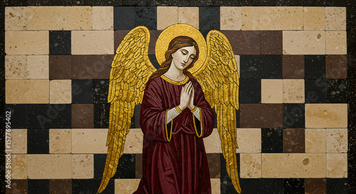 Golden Winged Angel Praying Byzantine Mosaic Art