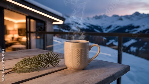 A steaming mug of hot beverage sits on a wooden table, overlooking a snowy mountain landscape.